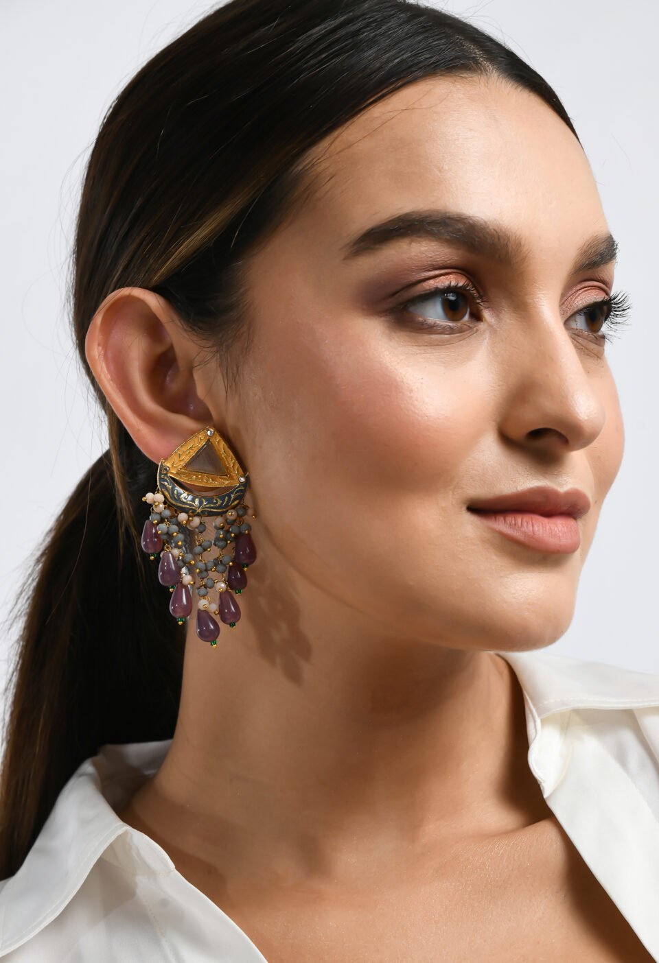 Gold-Plated Triangular Meenakari Stud Earrings with Fringe Drops