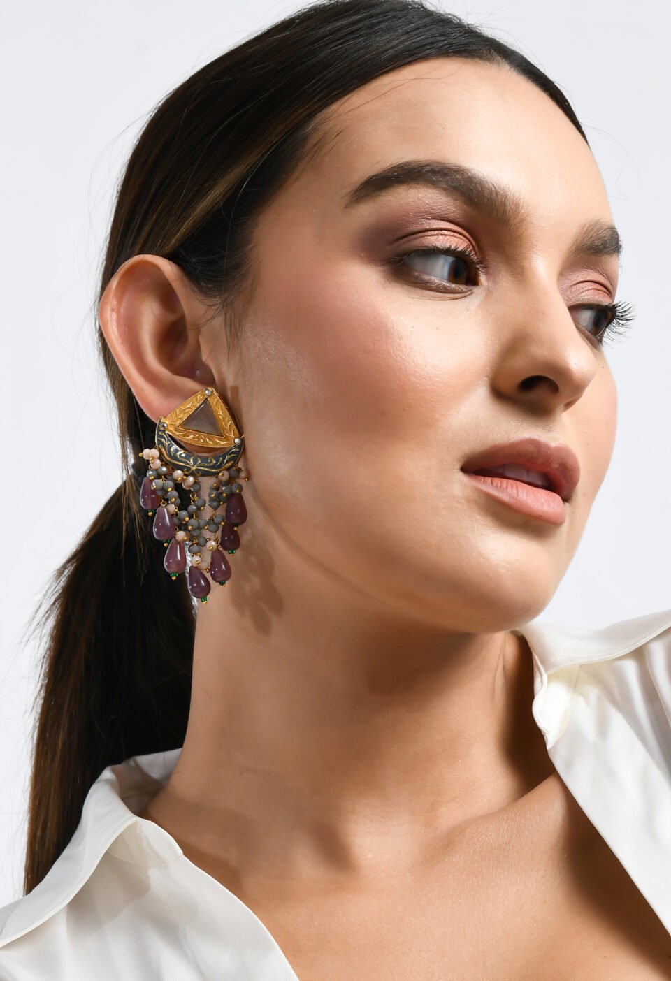 Gold-Plated Triangular Meenakari Stud Earrings with Fringe Drops Alternate