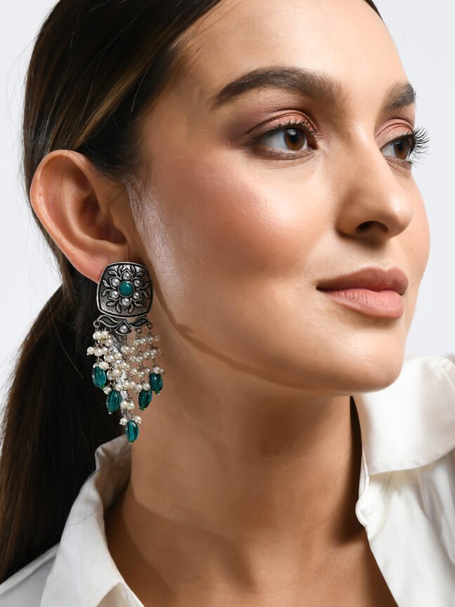 Oxidized Silver-Plated Cushion Stud Chandelier Earrings with Teal Floral Motif