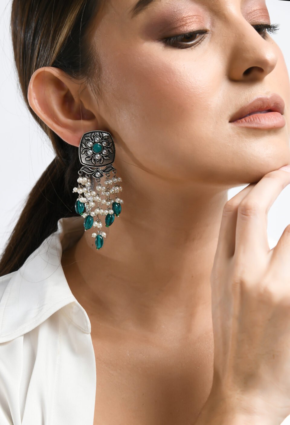 Oxidized Silver-Plated Cushion Stud Chandelier Earrings with Teal Floral Motif Alternate