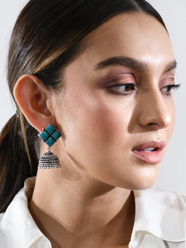 Turquoise Stone Diamond Stud Jhumka Earrings