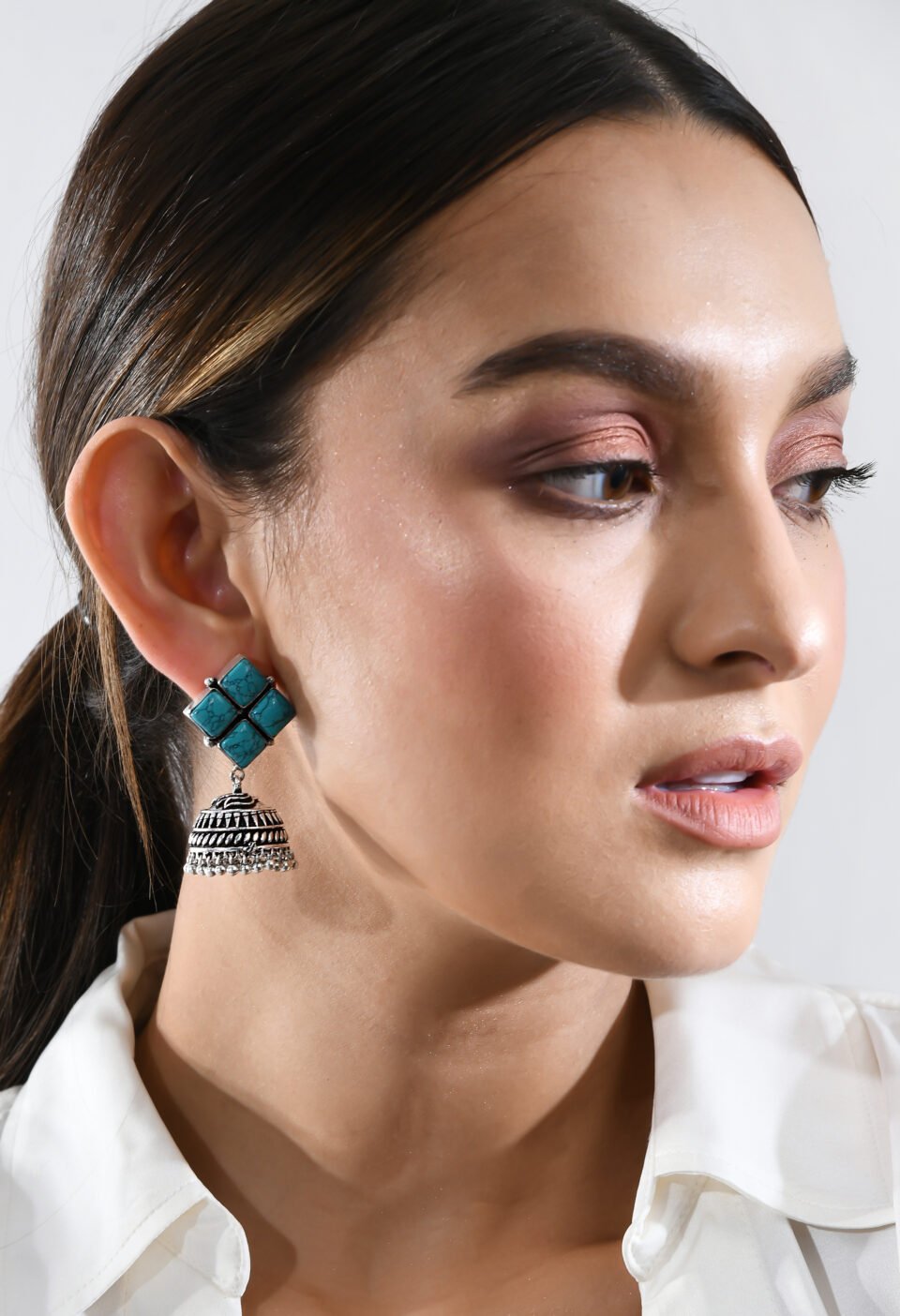 Turquoise Stone Diamond Stud Jhumka Earrings