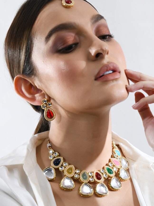 Gold-Plated Candy-Kundan Choker Set with Matching Studs & Maang Tikka
