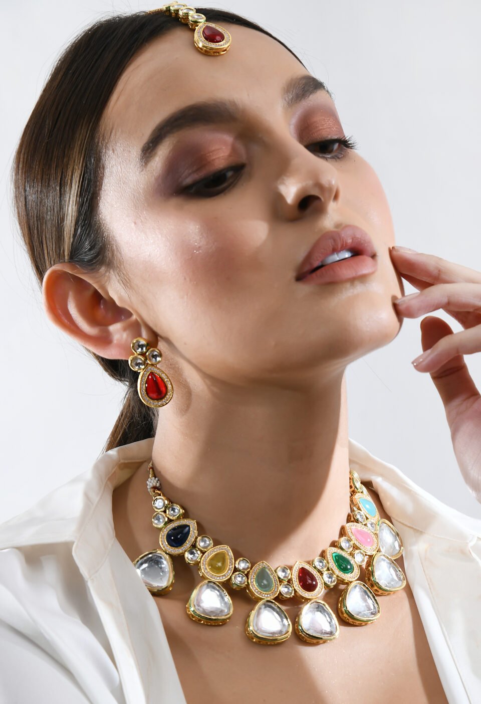 Gold-Plated Candy-Kundan Choker Set with Matching Studs & Maang Tikka