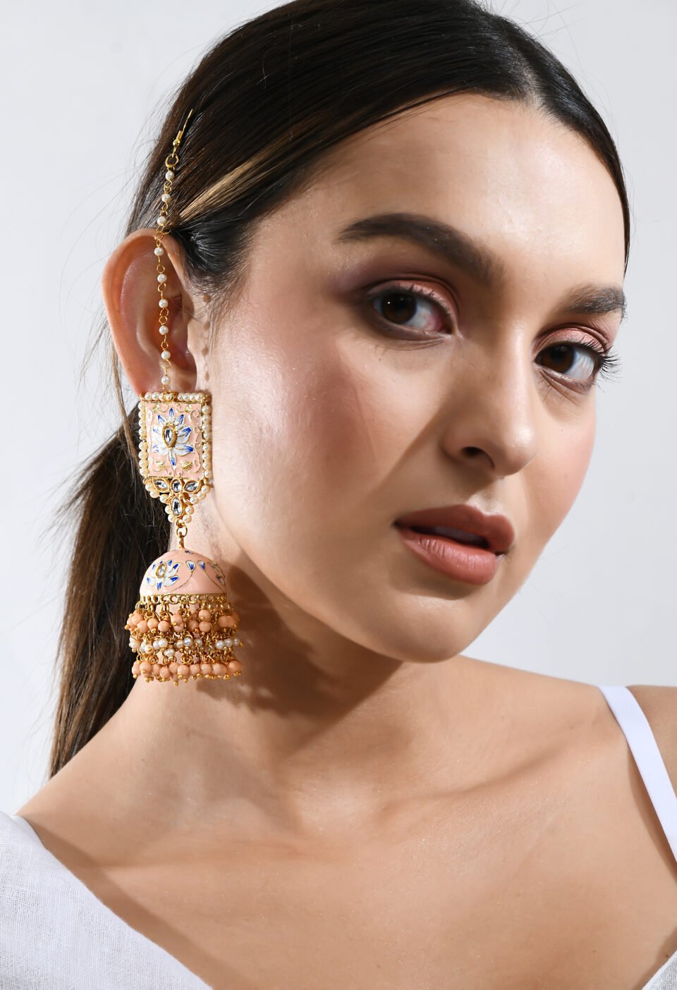 Hand-Painted Pastel Pink Lotus Meenakari Jhumkas with Pearl Kaan Chains Alternate