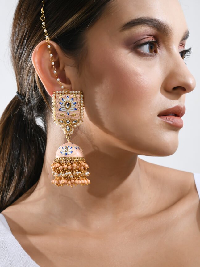 Hand-Painted Pastel Pink Lotus Meenakari Jhumkas with Pearl Kaan Chains
