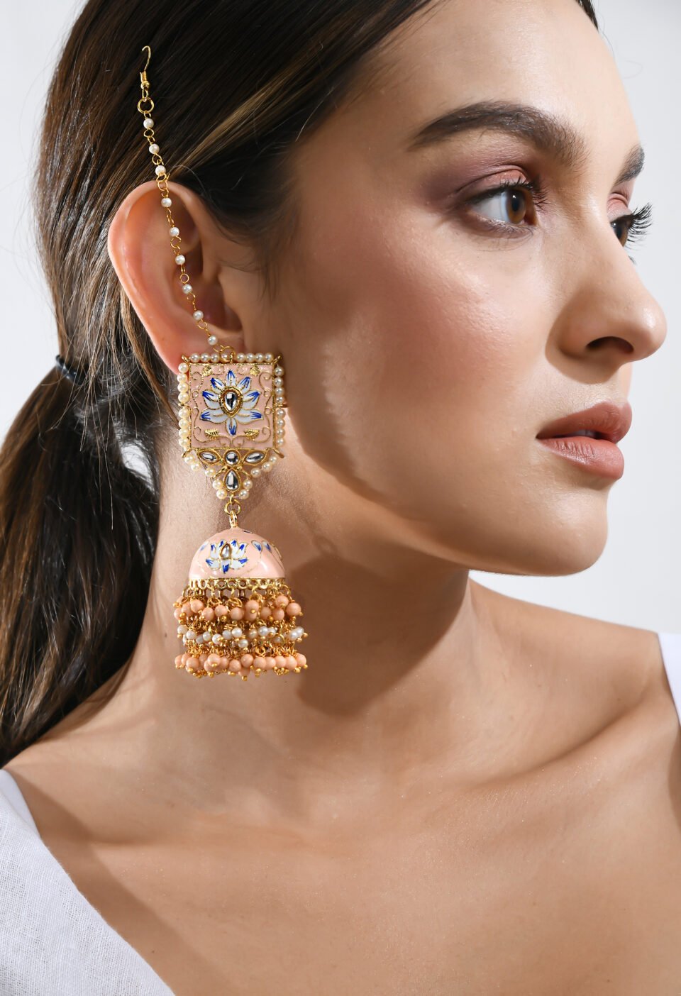 Hand-Painted Pastel Pink Lotus Meenakari Jhumkas with Pearl Kaan Chains