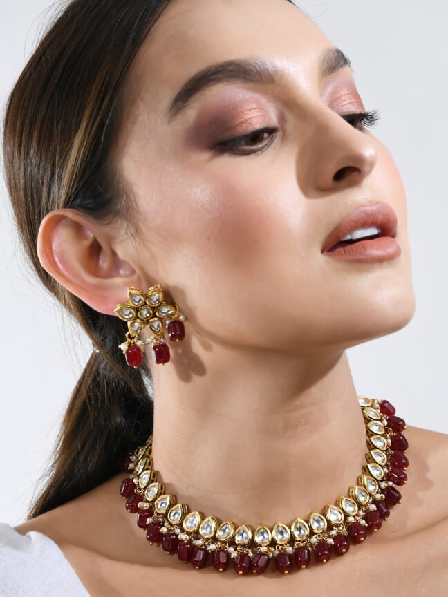 Gold-Plated Teardrop Kundan Choker with Dark Ruby Drops