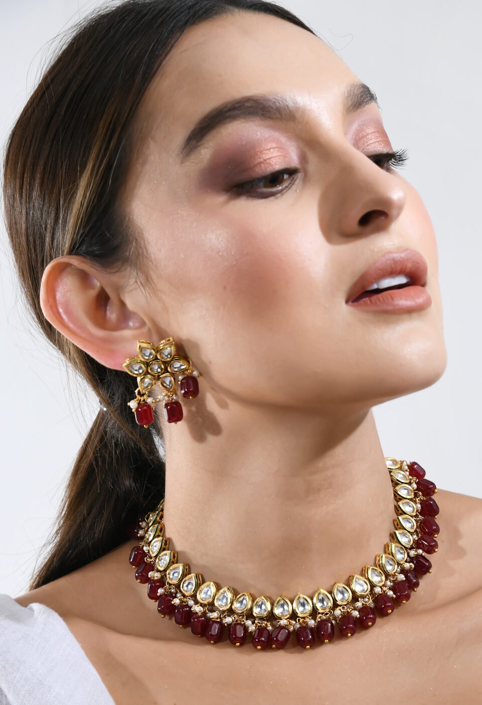 Gold-Plated Teardrop Kundan Choker with Dark Ruby Drops