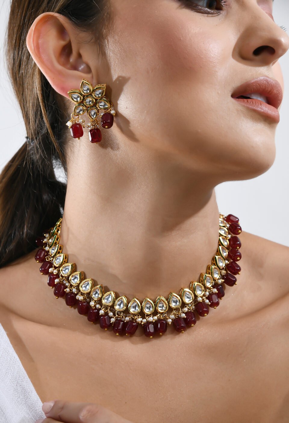 Gold-Plated Teardrop Kundan Choker with Dark Ruby Drops Alternate