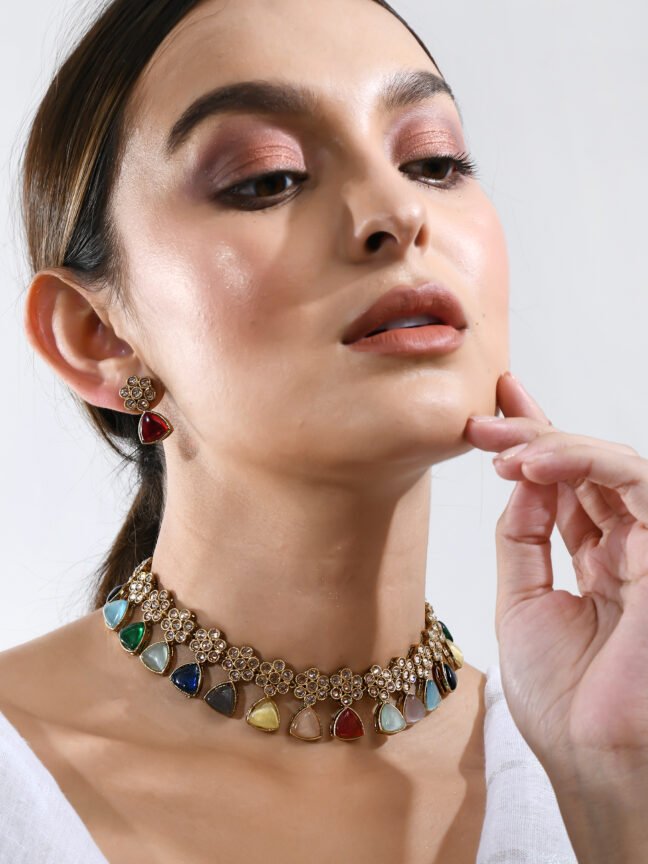 Sleek Gold-Plated Multi-Color Stone Choker Set