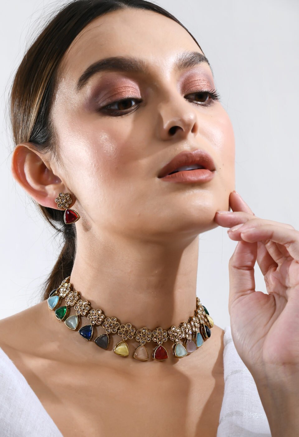 Sleek Gold-Plated Multi-Color Stone Choker Set