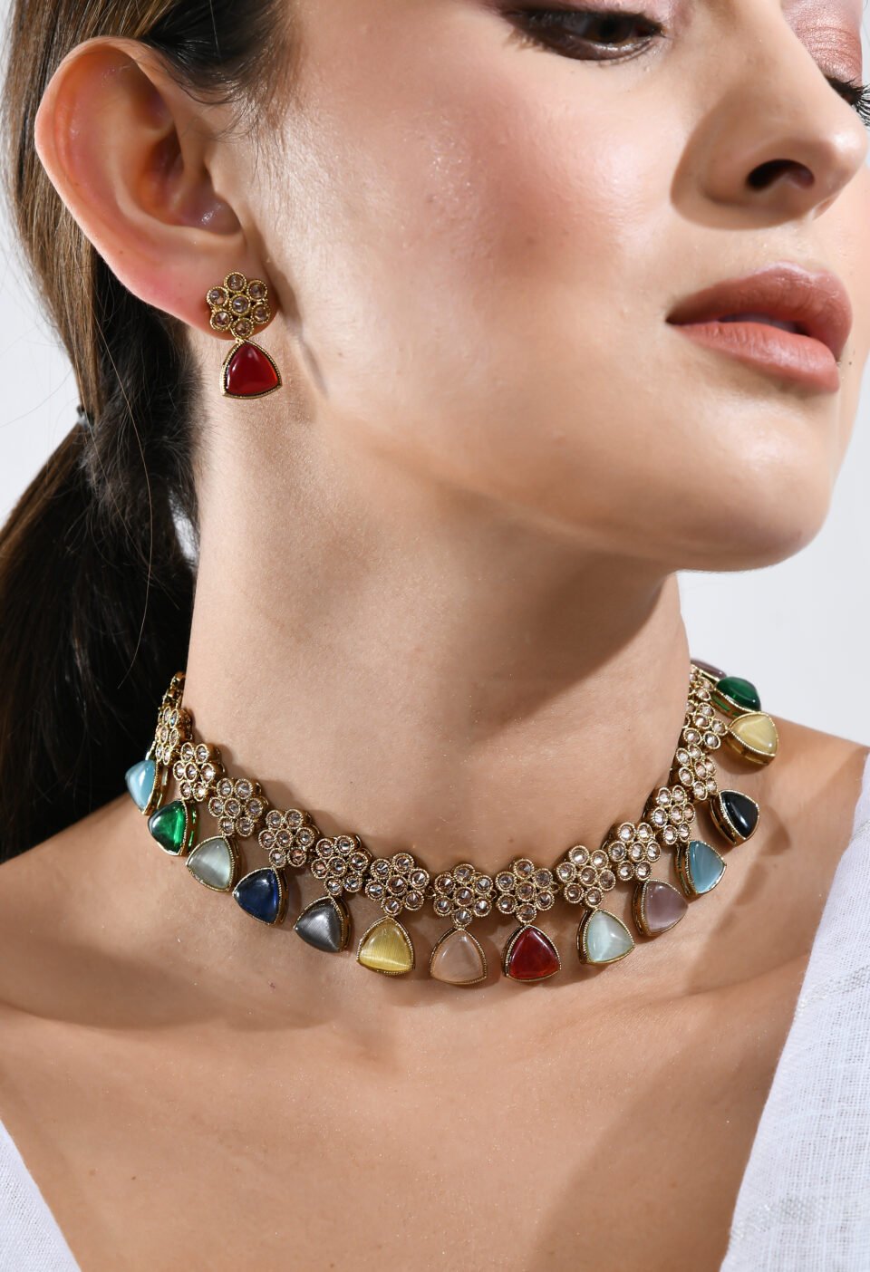 Sleek Gold-Plated Multi-Color Stone Choker Set Alternate