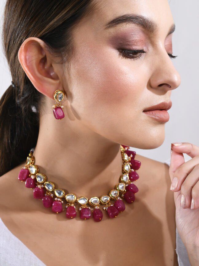 Gold Plated Red Tumble and Pink Beads Choker Necklace Set