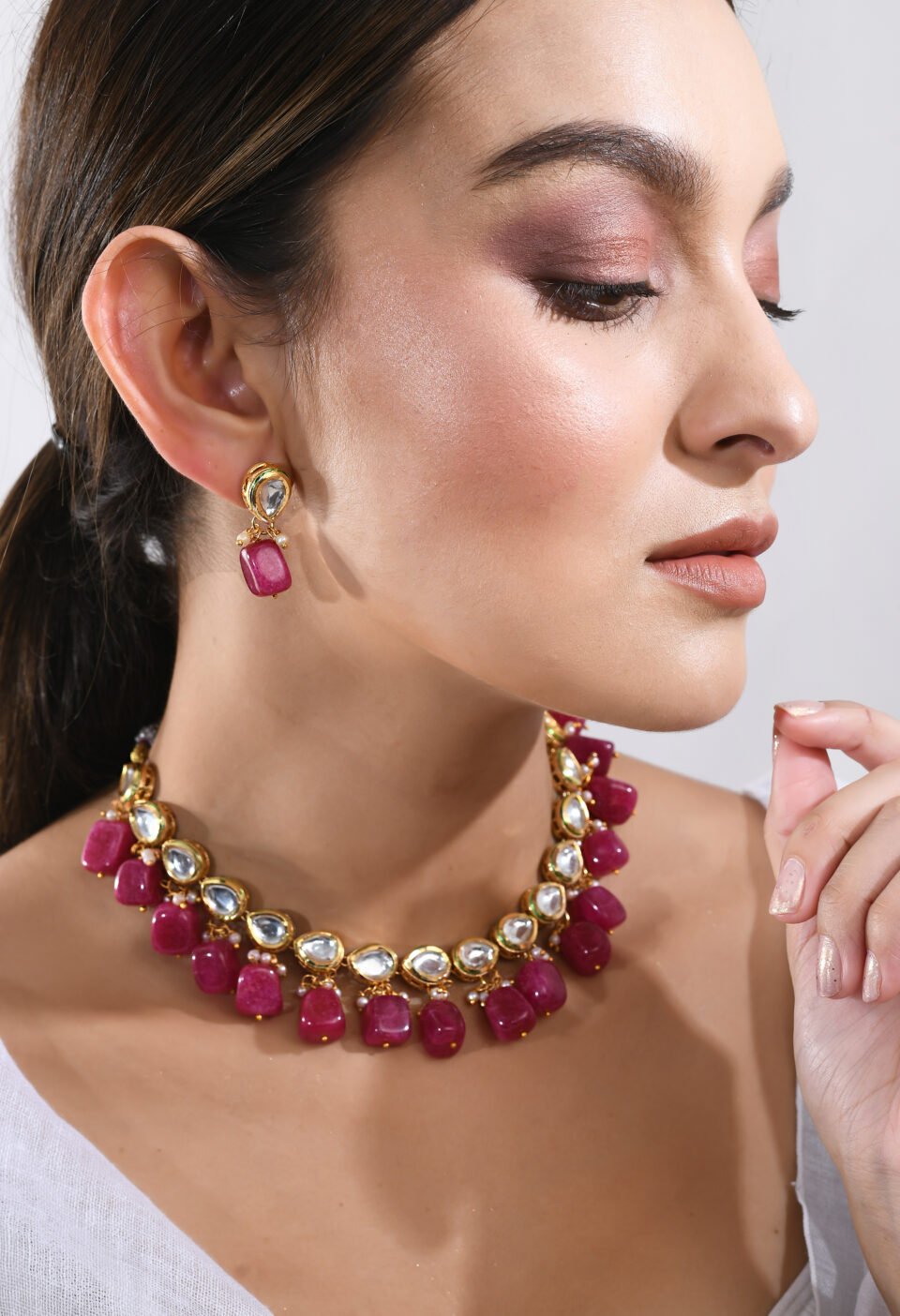 Gold Plated Red Tumble and Pink Beads Choker Necklace Set