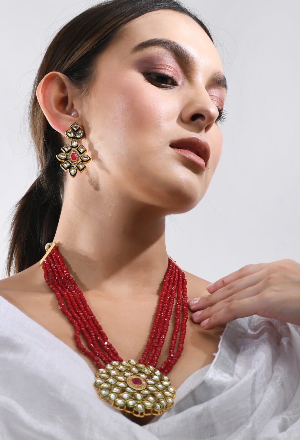 Red Multi-Strand Beaded Kundan Pendant Necklace Set Alternate
