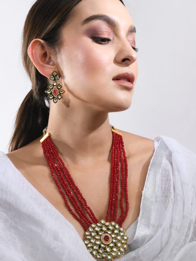 Red Multi-Strand Beaded Kundan Pendant Necklace Set