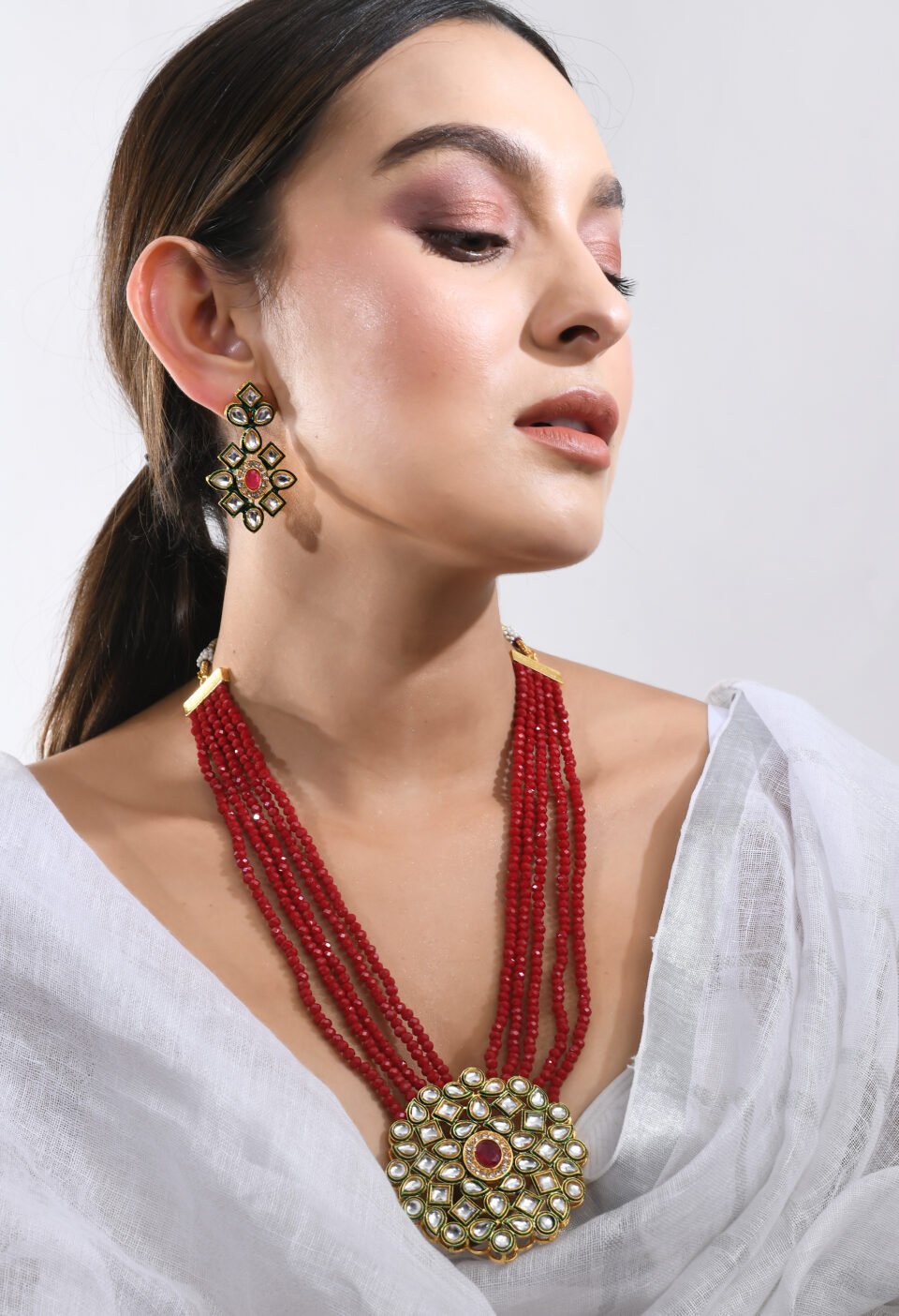 Red Multi-Strand Beaded Kundan Pendant Necklace Set