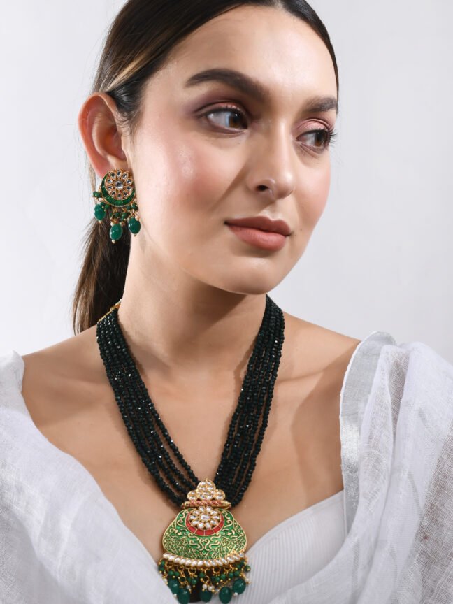 Multi-Strand Beaded Kundan Pendant Necklace Set