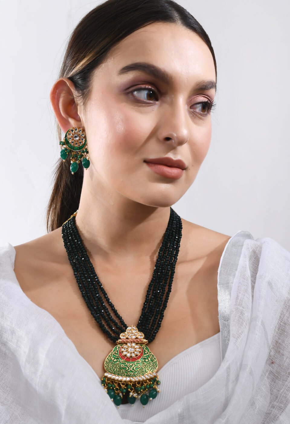 Multi-Strand Beaded Kundan Pendant Necklace Set