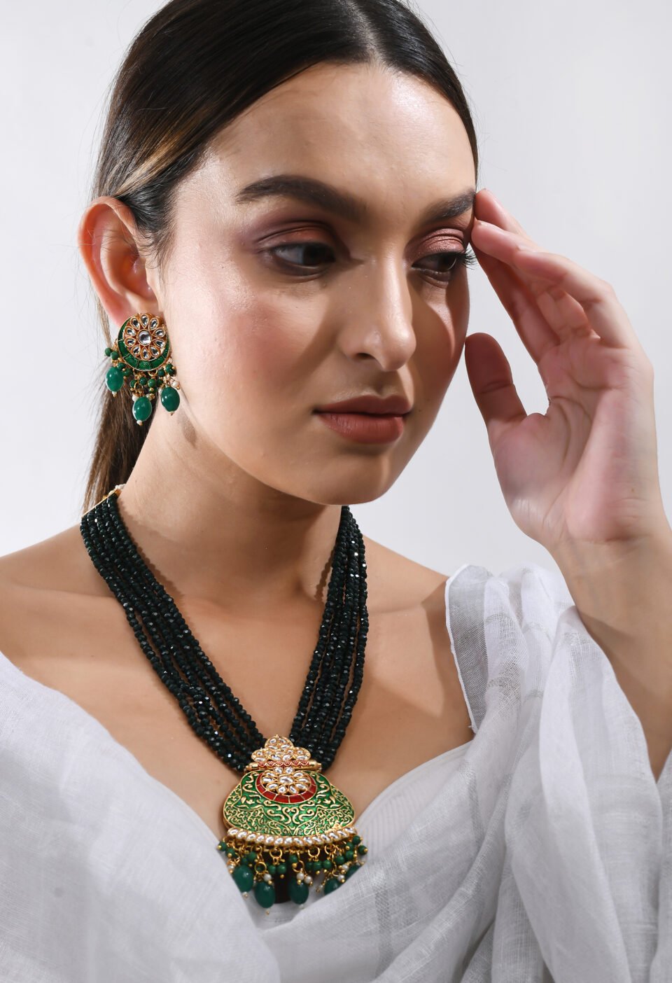 Multi-Strand Beaded Kundan Pendant Necklace Set Alternate