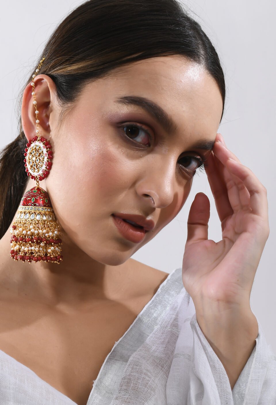 That Girl" Red Meenakari Jhumka Earring + Sahare Chain Set