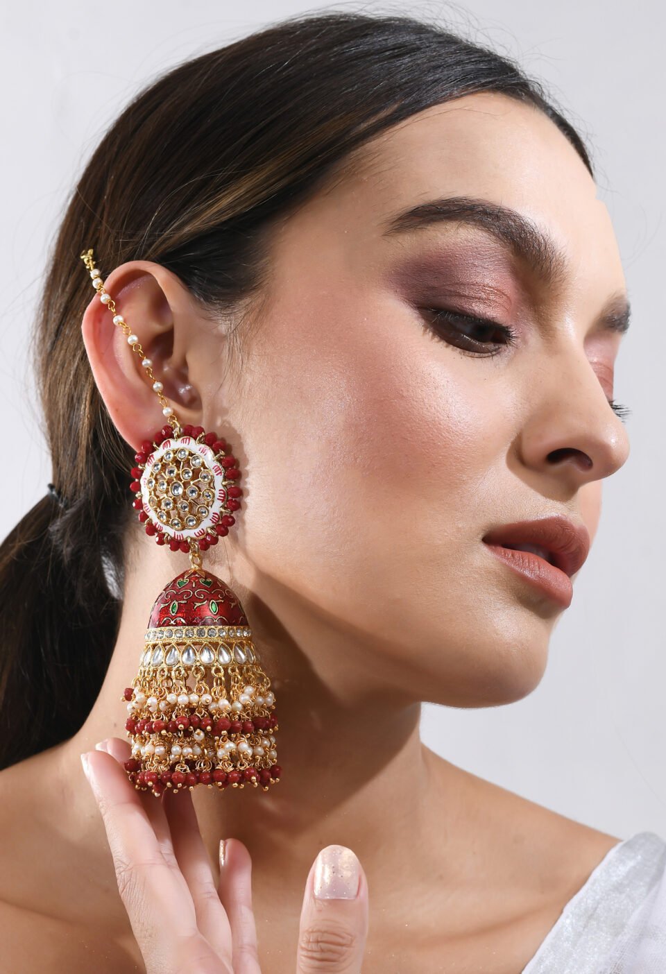 That Girl" Red Meenakari Jhumka Earring + Sahare Chain Set Alternate