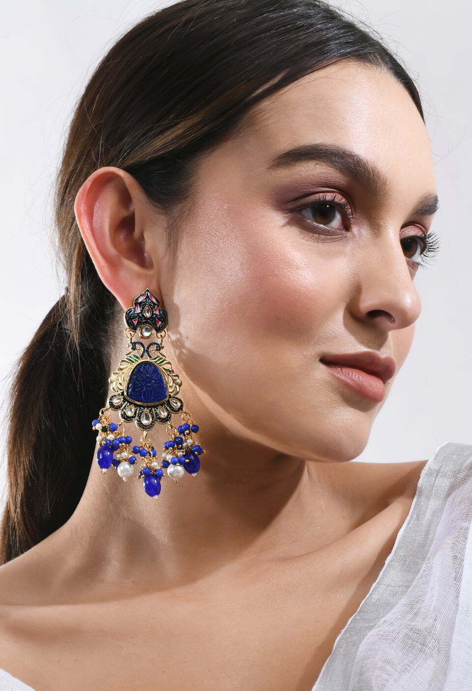 Royal Cobalt Blue Carved Glass Meenakari Chandelier Earrings