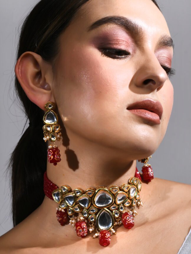 Regal Kundan Choker Necklace Set with Lac-Work Red Glass Drops