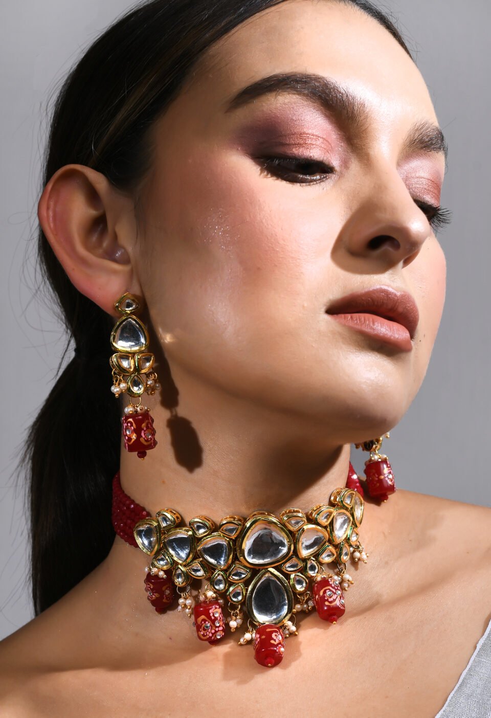 Regal Kundan Choker Necklace Set with Lac-Work Red Glass Drops