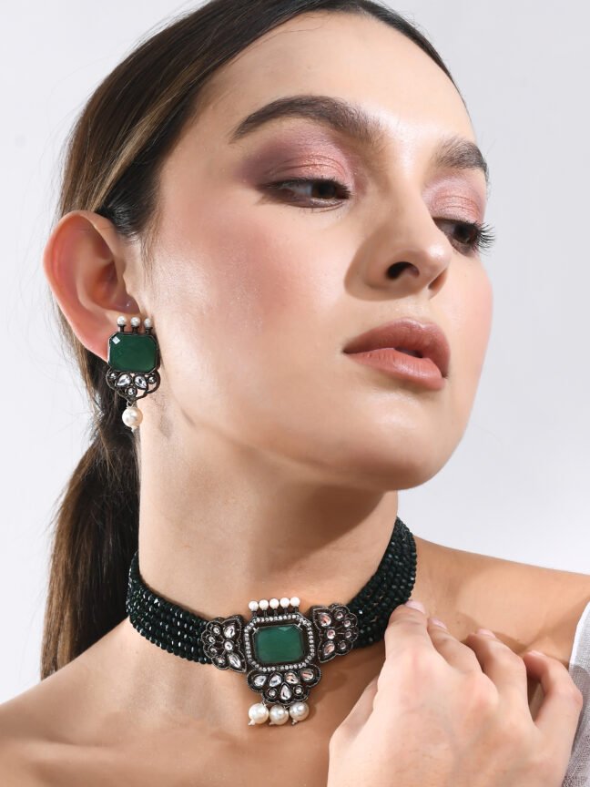 Harshala Green Stone Silver Oxidised Choker Necklace Set