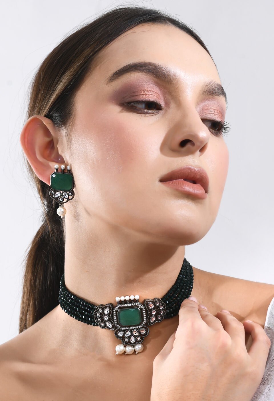 Harshala Green Stone Silver Oxidised Choker Necklace Set