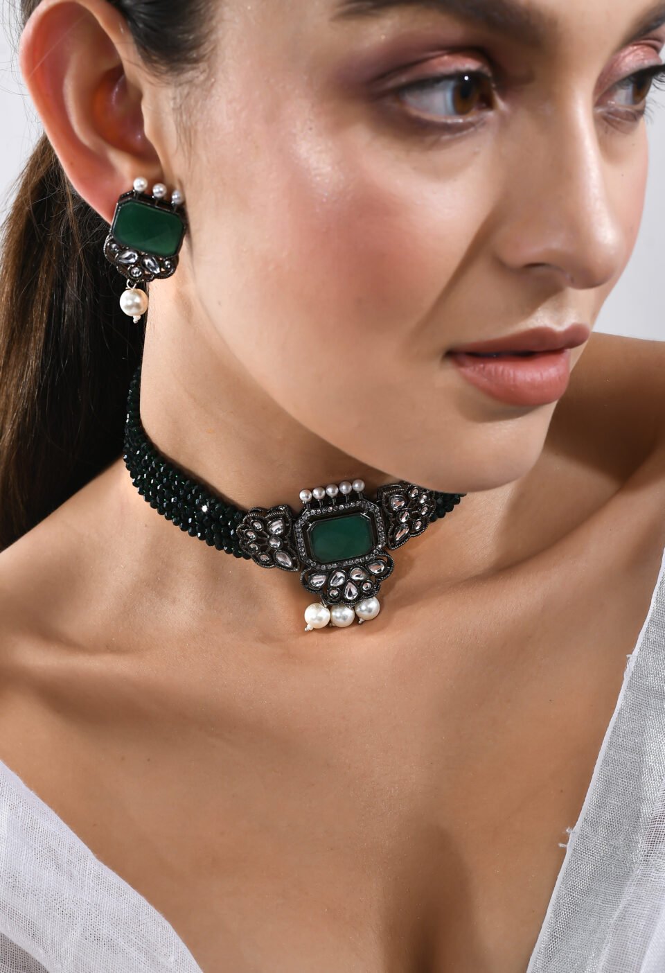 Harshala Green Stone Silver Oxidised Choker Necklace Set Alternate