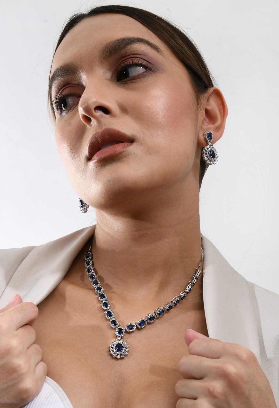Blue Stone Silver Crystal Necklace Set Alternate