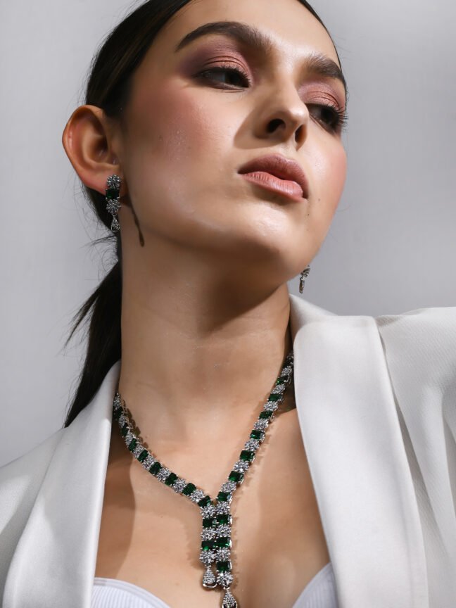 Green Stone Silver Crystal Necklace Set