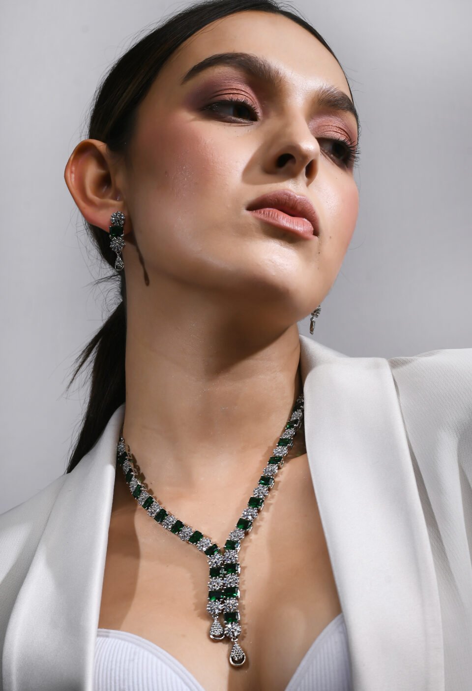 Green Stone Silver Crystal Necklace Set