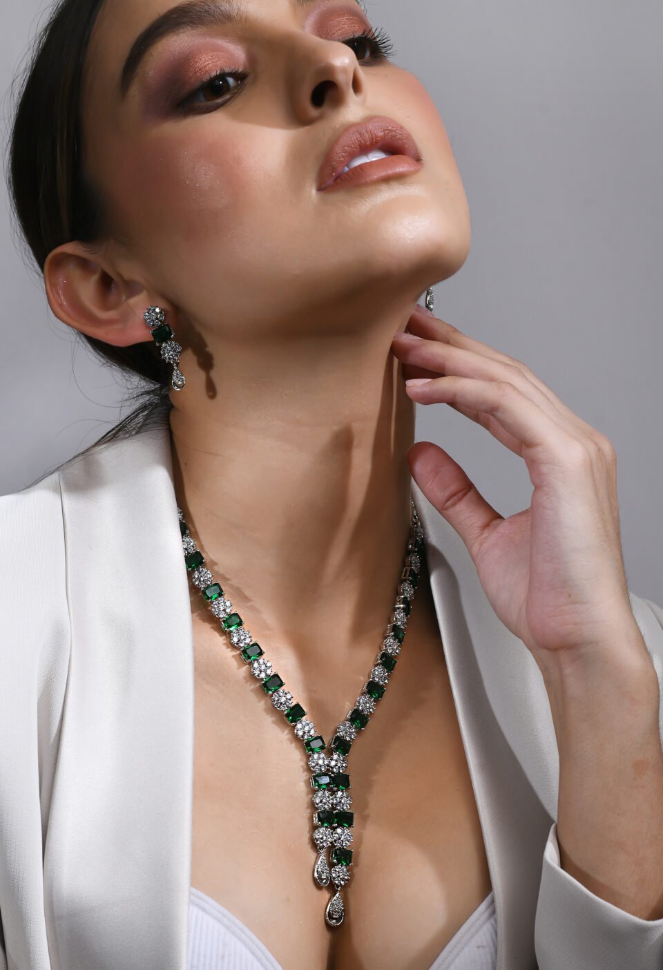 Green Stone Silver Crystal Necklace Set Alternate