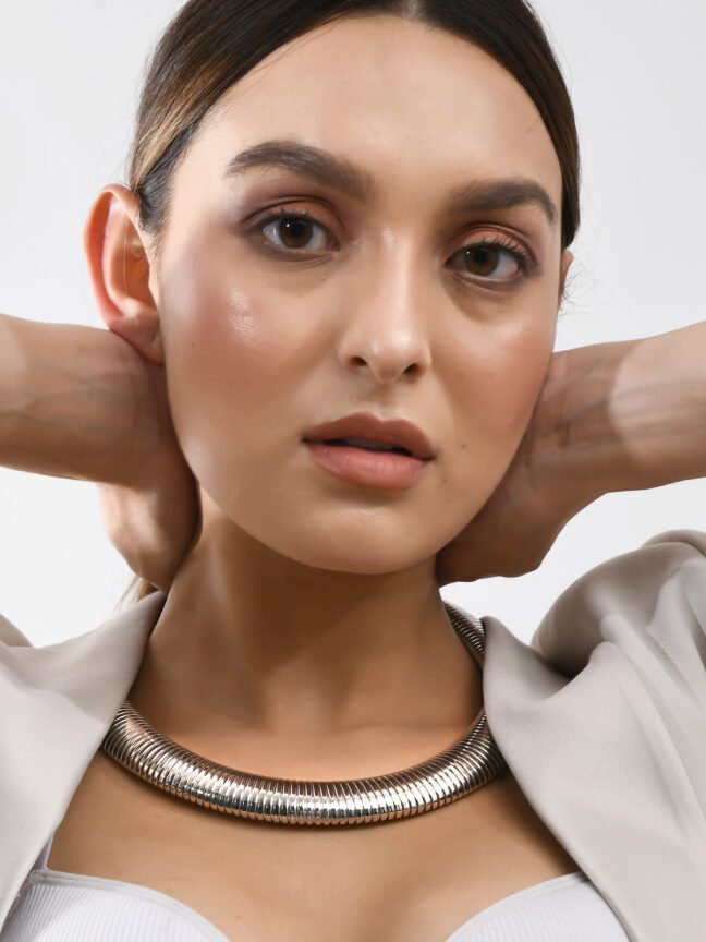 Metallic Silver Snake Bone Collar Choker Necklace