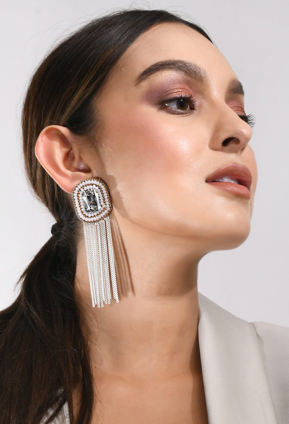 White Beaded Fabric Fringe Drop Earrings Alternate