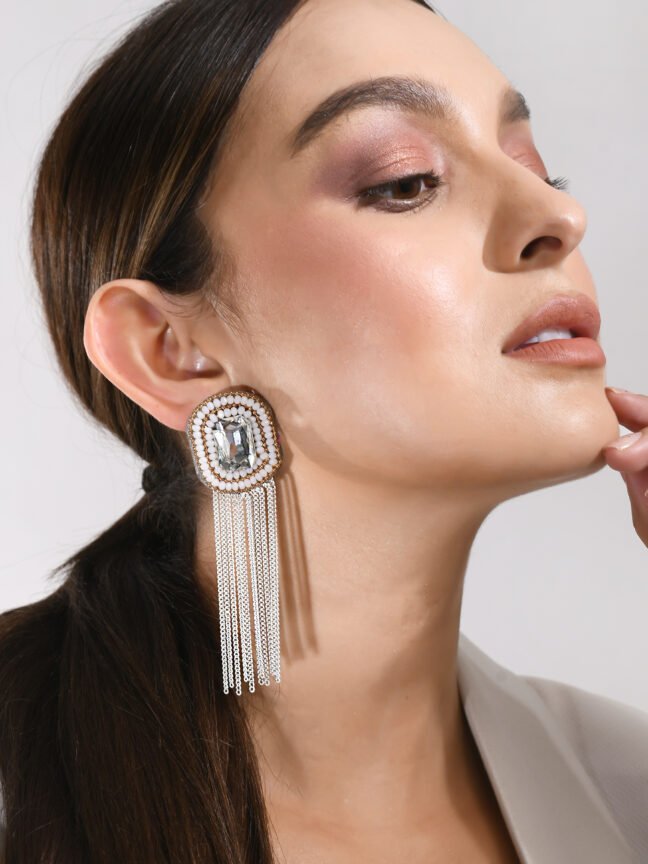 White Beaded Fabric Fringe Drop Earrings