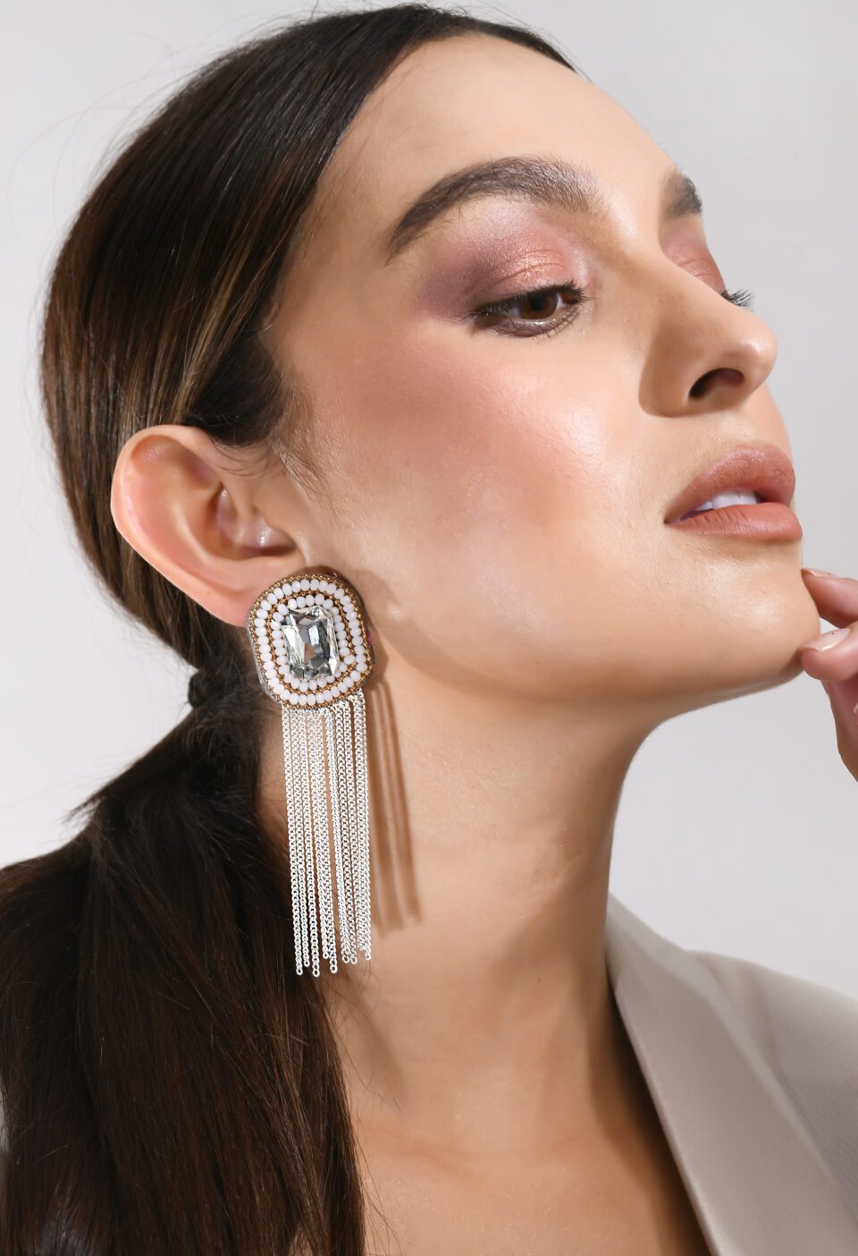 White Beaded Fabric Fringe Drop Earrings