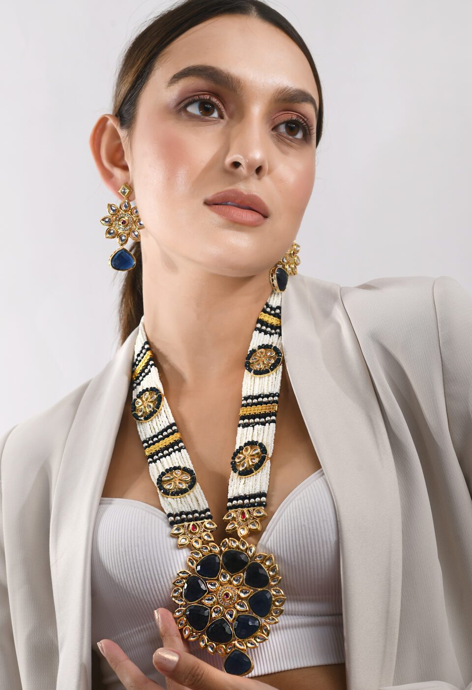Deep Blue Stone & Pearl Long Pendant Necklace
