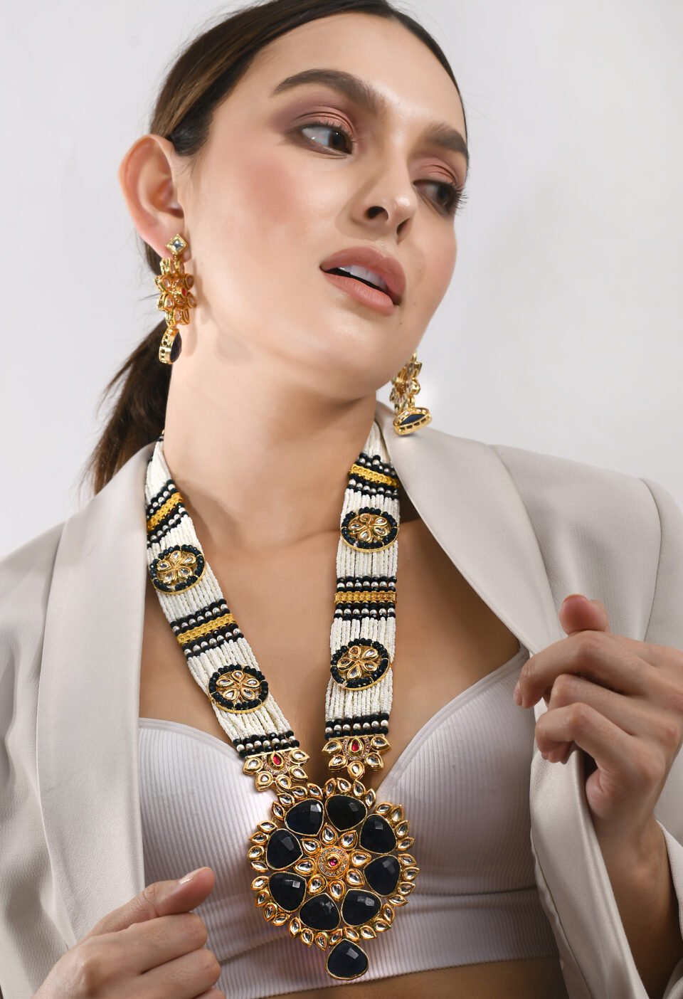 Deep Blue Stone & Pearl Long Pendant Necklace Alternate