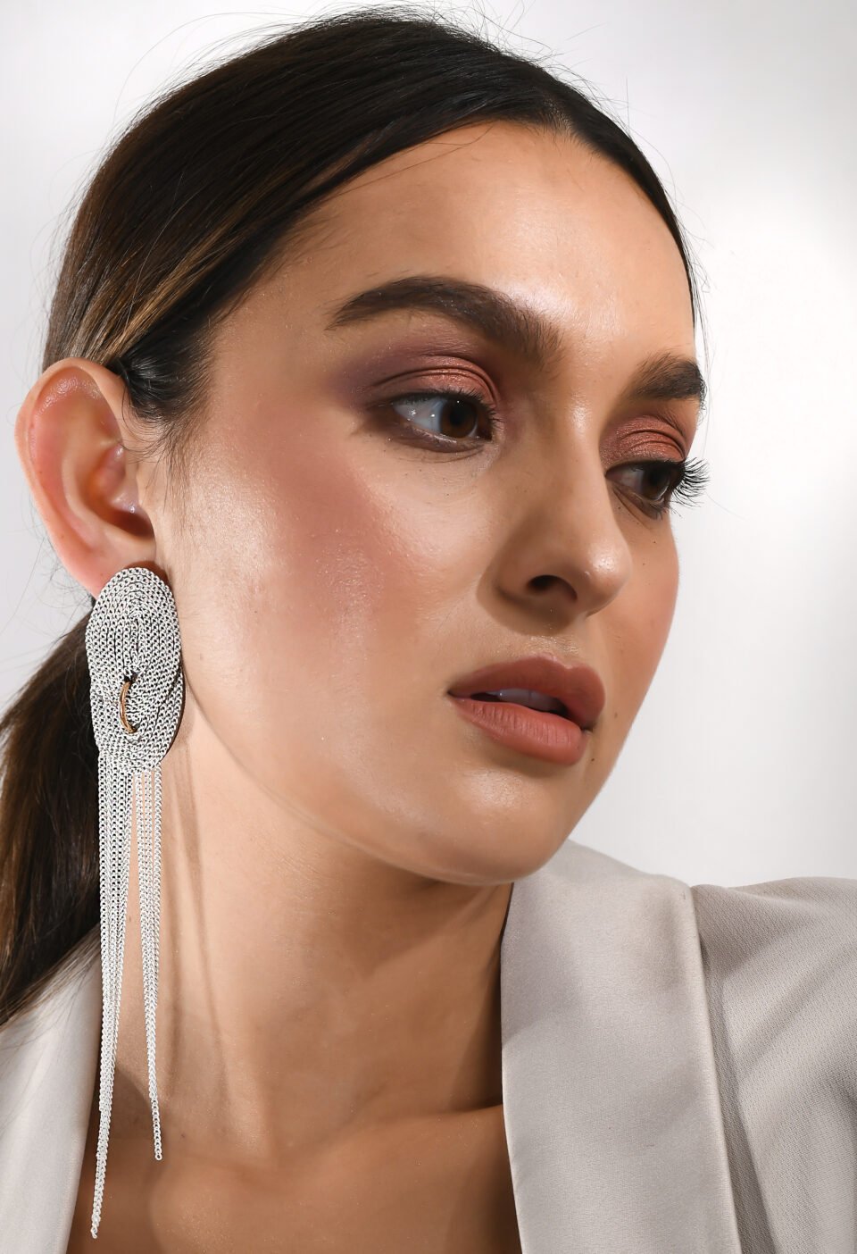 Metallic Silver Mesh Loop Fringe Drop Earrings Alternate