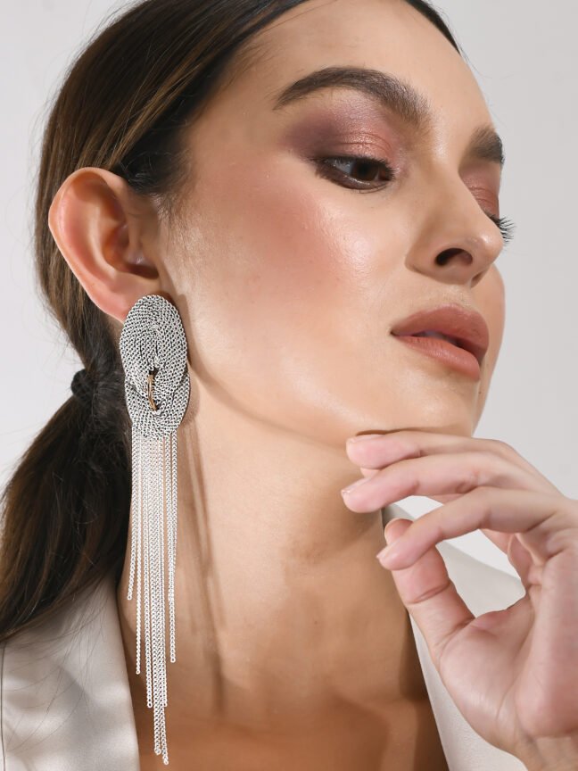 Metallic Silver Mesh Loop Fringe Drop Earrings