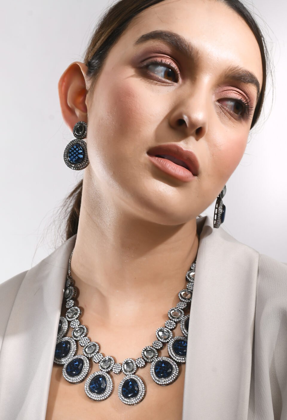 Deep Blue Stone Oxidised Choker Necklace Set Alternate