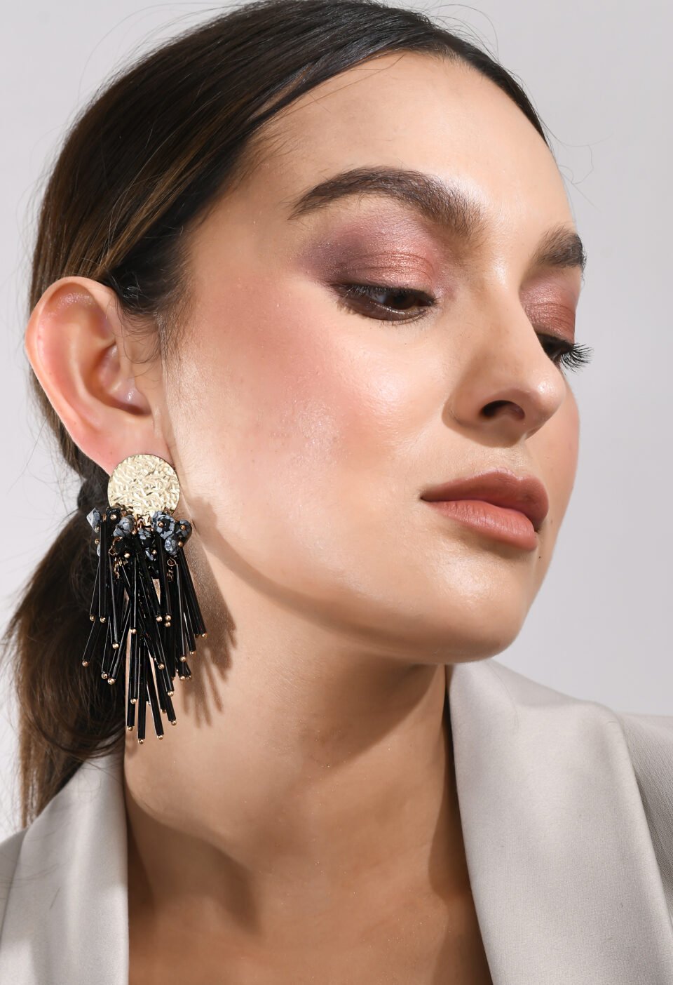 Textured Gold & Black Bugle Bead Tassel Drop Earrings Alternate