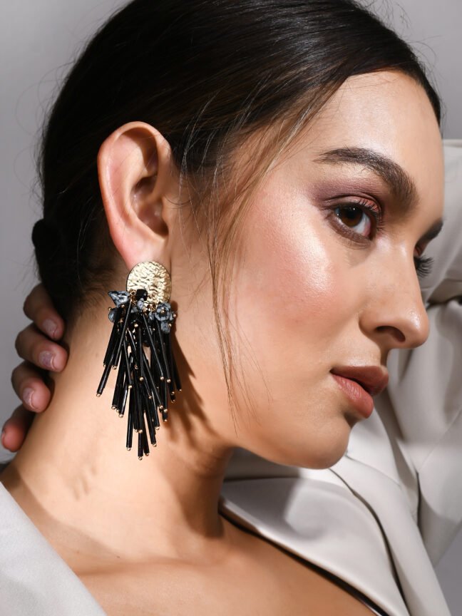 Textured Gold & Black Bugle Bead Tassel Drop Earrings