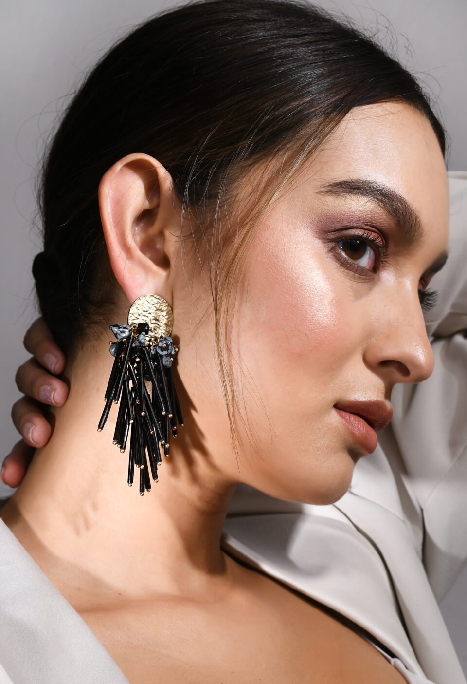 Textured Gold & Black Bugle Bead Tassel Drop Earrings