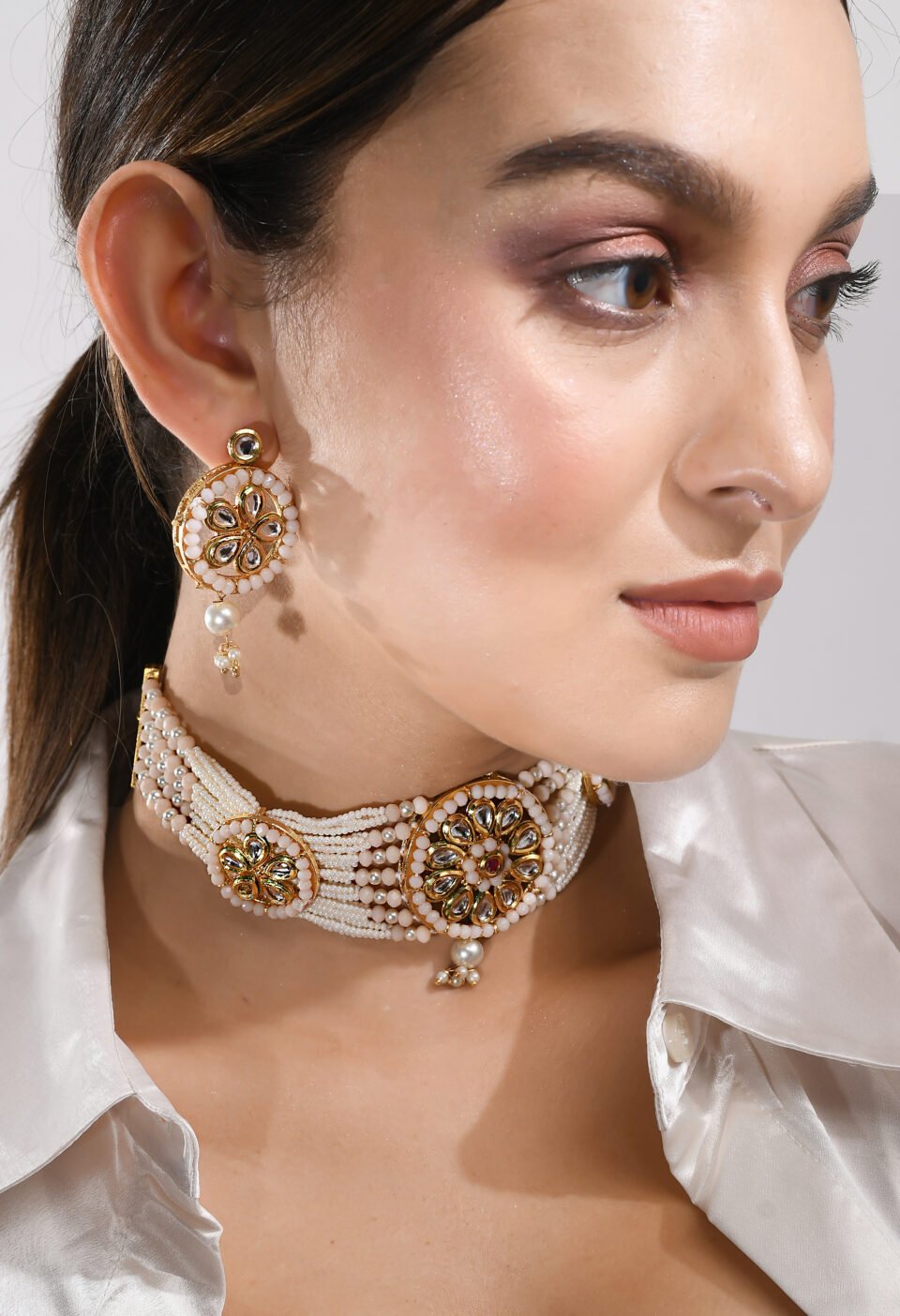 Pearl & Kundan Floral Choker Necklace Set Alternate